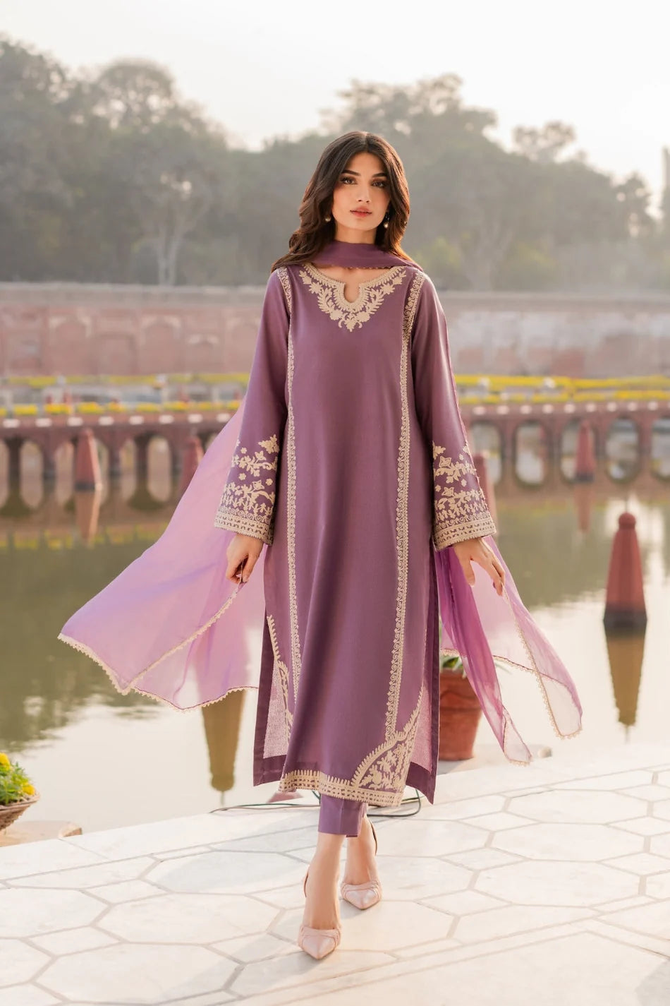 MIRANA-3PC RAW SILK EMBROIDERED SHIRT WITH SOFT SILK DUPATTA AND TROUSER