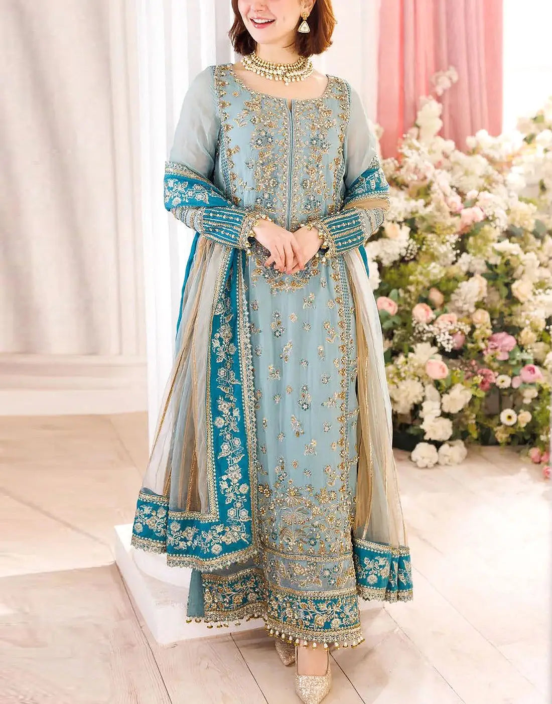 Glamorous Intricate Embroidered Powder Blue Chiffon Wedding Dress with Rich Hand Embellishments