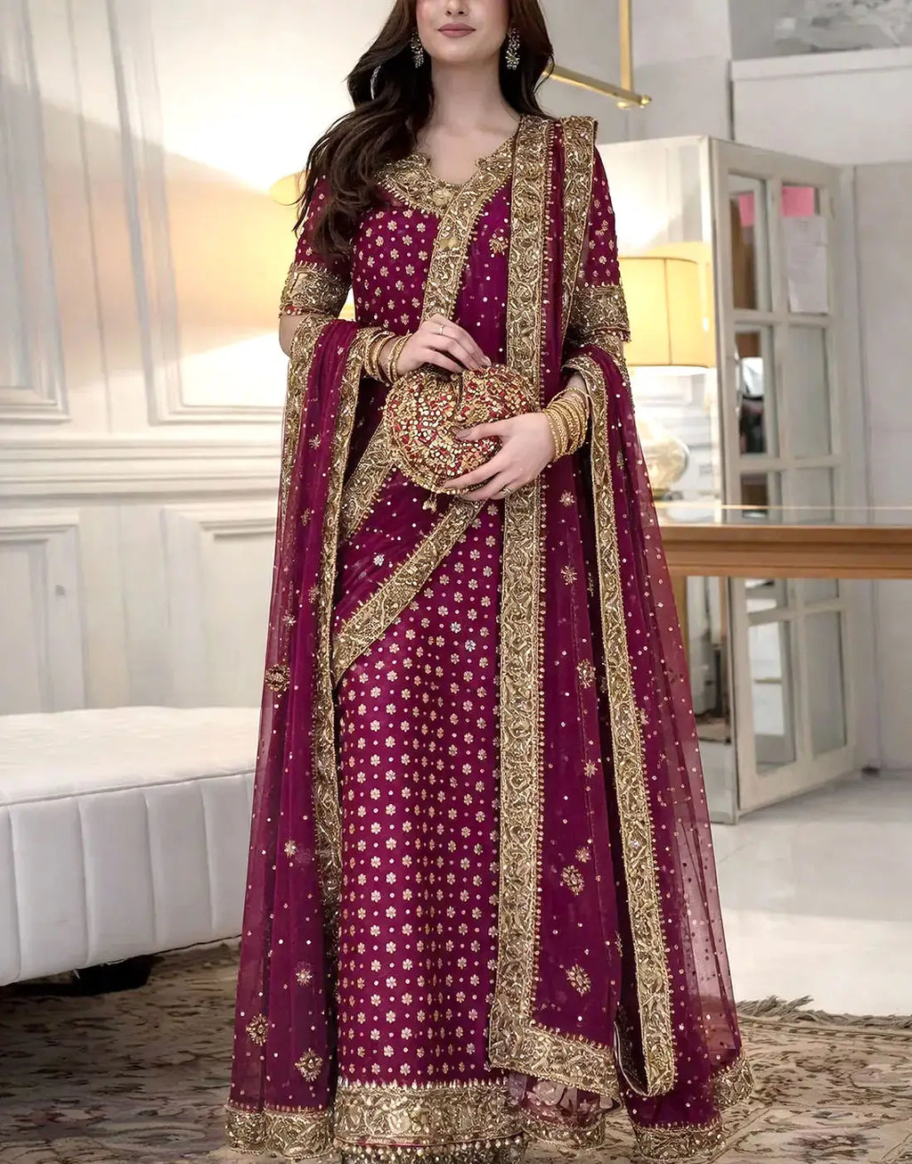 Heavy Embroidered & Adda Work Long Chiffon  Dress with Matching Potli Bag