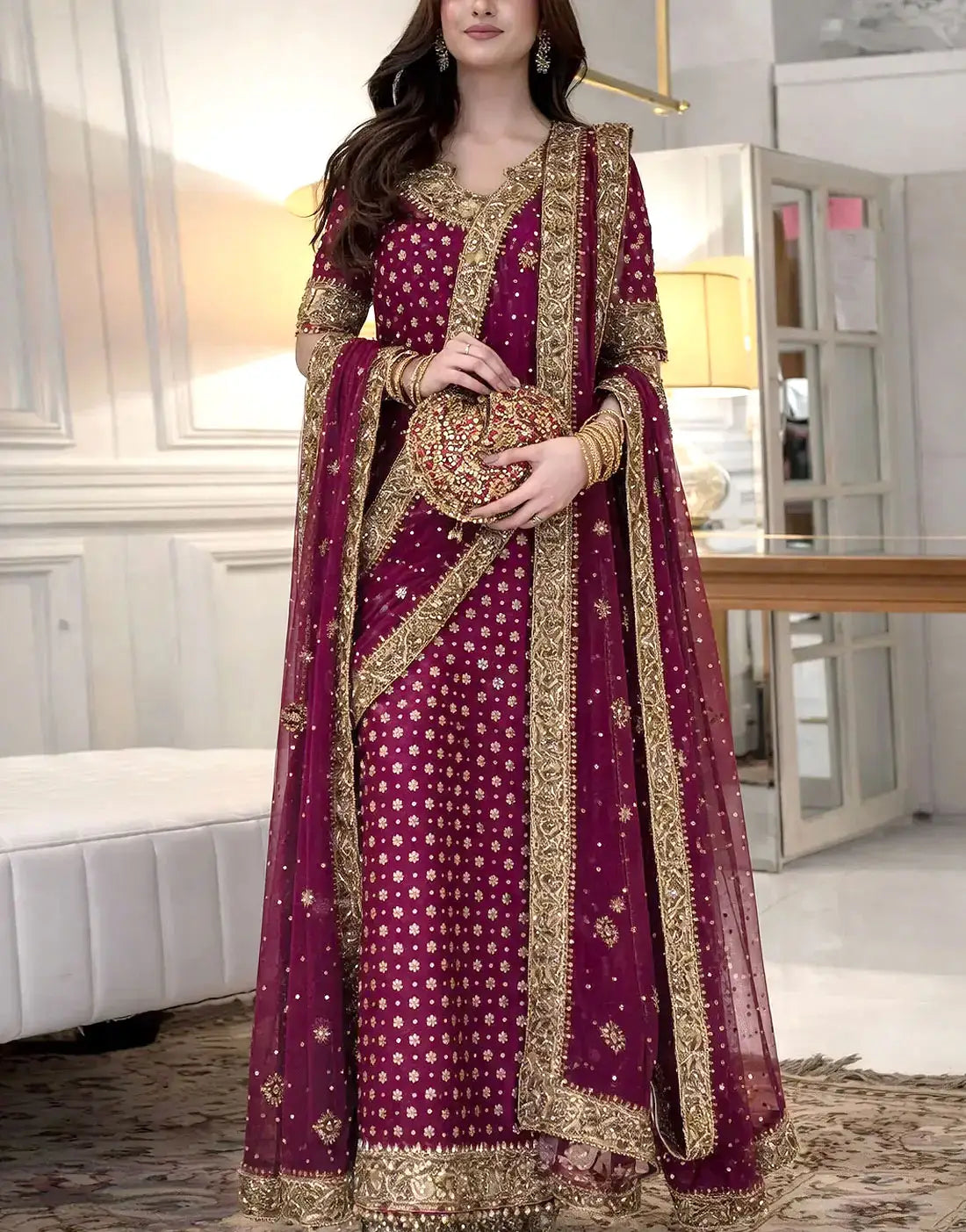 Heavy Embroidered & Adda Work Long Chiffon  Dress with Matching Potli Bag