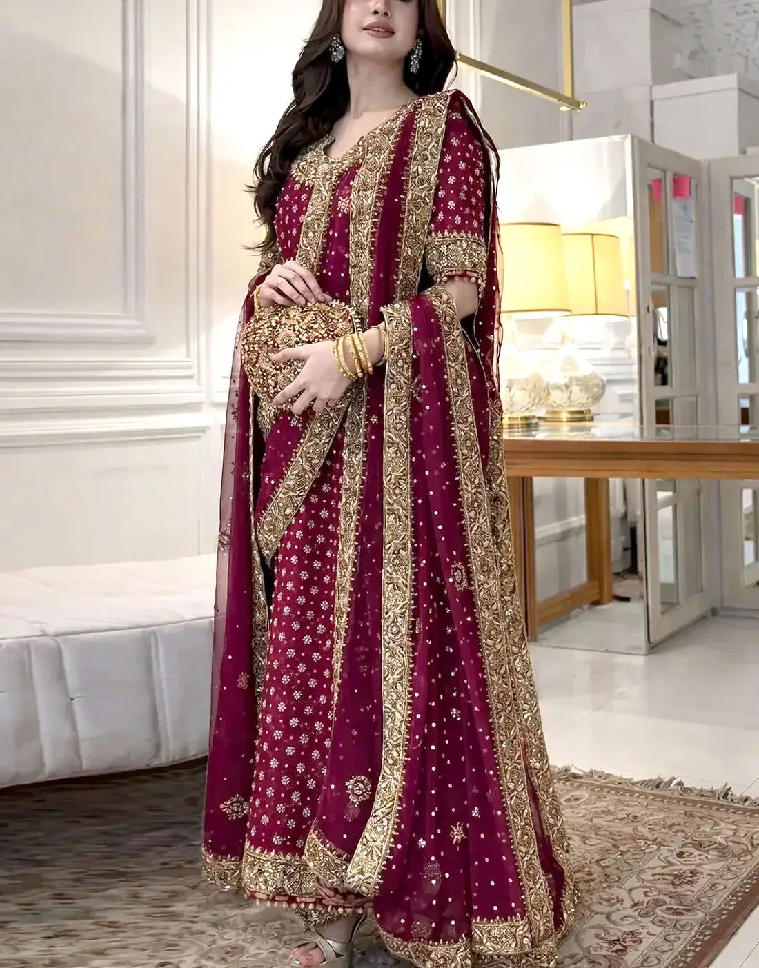 Heavy Embroidered & Adda Work Long Chiffon  Dress with Matching Potli Bag