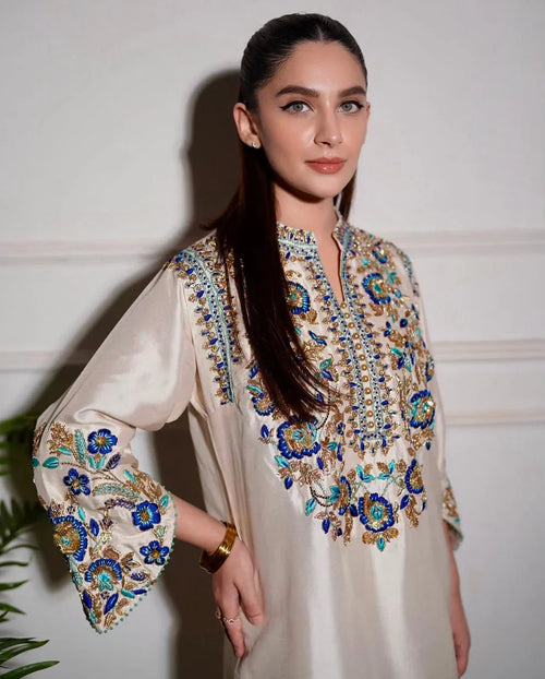Alizeh Saad White Raw Silk Formal Collection Replica