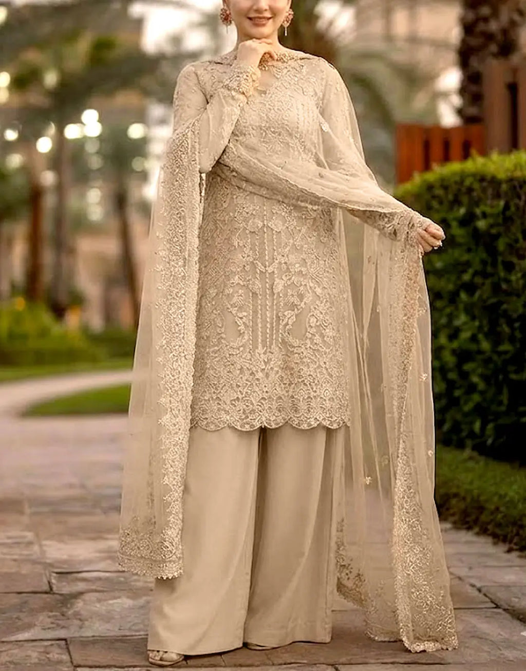 Luxury Embroidered Beige Organza Wedding Dress with Rich Embellishments for Brides & Formal Events