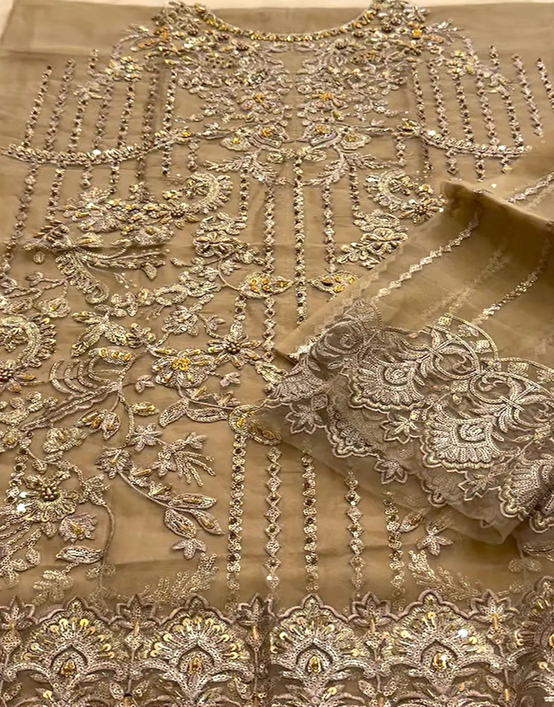 Luxury Embroidered Beige Organza Wedding Dress with Rich Embellishments for Brides & Formal Events