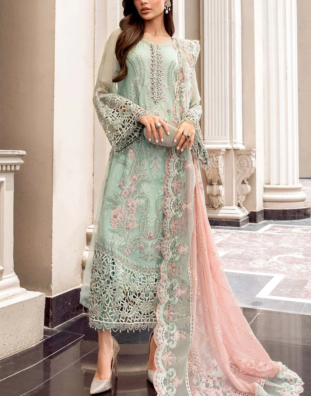 Glamorous Embroidered & Cutwork Mint Green Chiffon Wedding Dress with Rich Embellishments