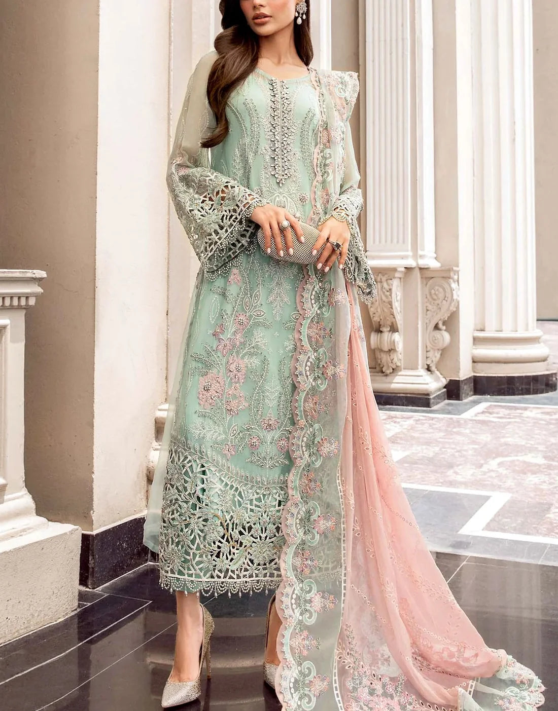Glamorous Embroidered & Cutwork Mint Green Chiffon Wedding Dress with Rich Embellishments
