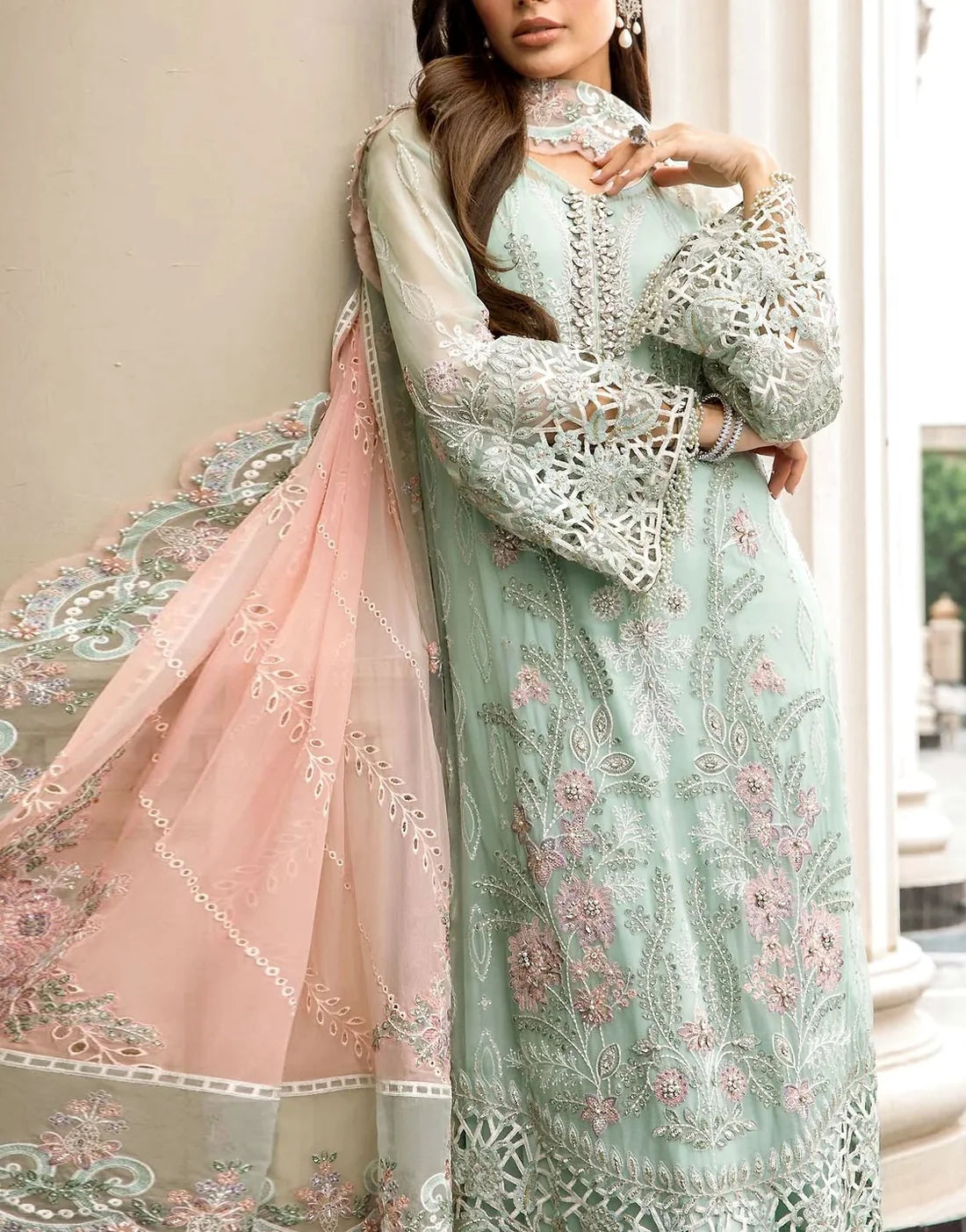 Glamorous Embroidered & Cutwork Mint Green Chiffon Wedding Dress with Rich Embellishments