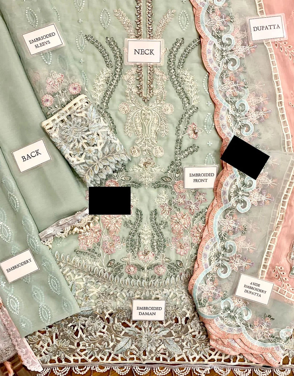 Glamorous Embroidered & Cutwork Mint Green Chiffon Wedding Dress with Rich Embellishments