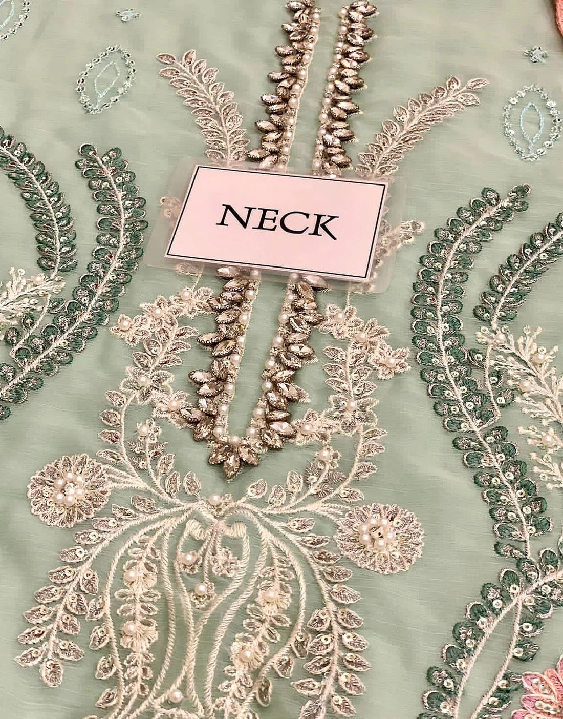 Glamorous Embroidered & Cutwork Mint Green Chiffon Wedding Dress with Rich Embellishments