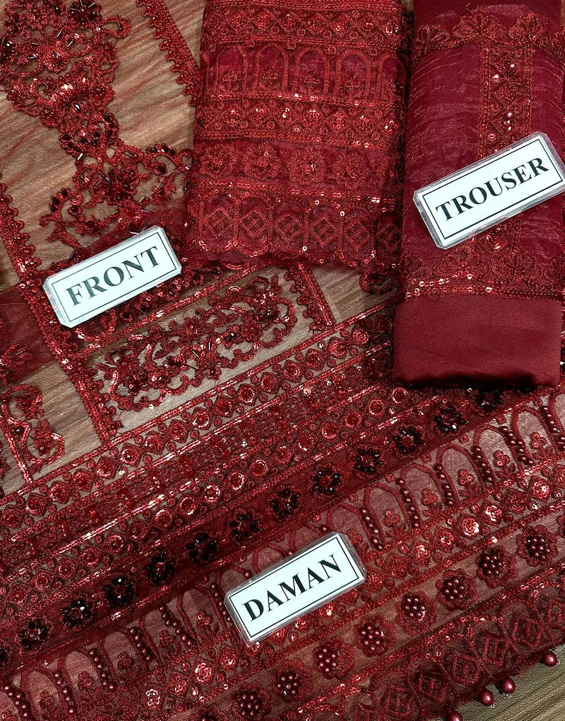 Luxurious Embroidered with Handwork Red NET Wedding Dress