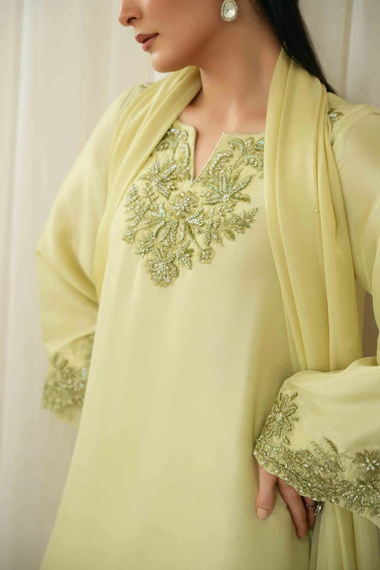 KAIDA-3PC-RAW SILK HAND EMBELLISHED SHIRT EMBROIDERED SOFT SILK DUPATTA AND RAW SILK TROUSER